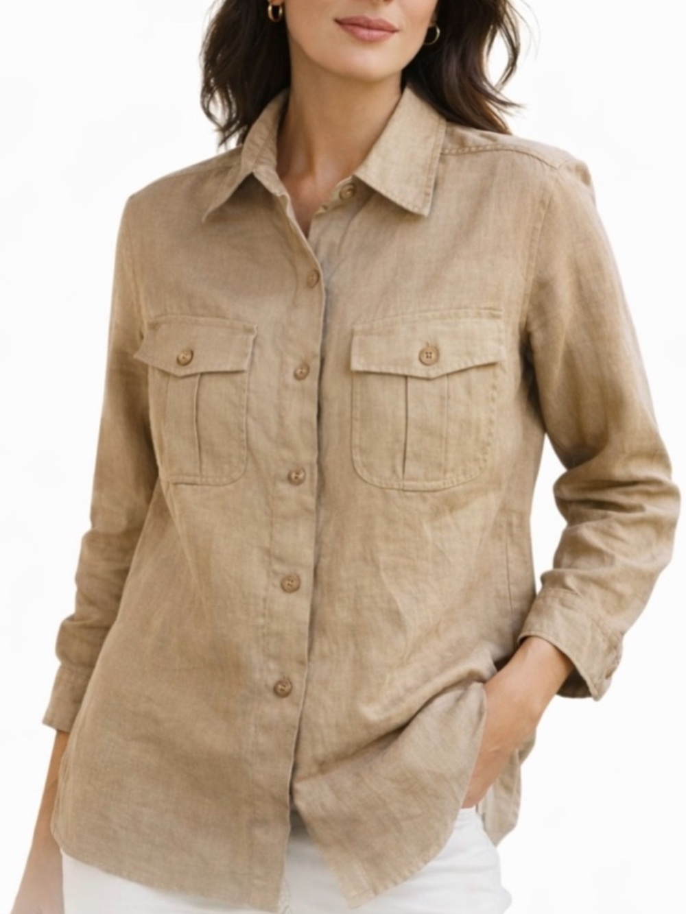 Lauren Ralph Lauren 100% Linen Utility Button Front Shirt Tan Size 10